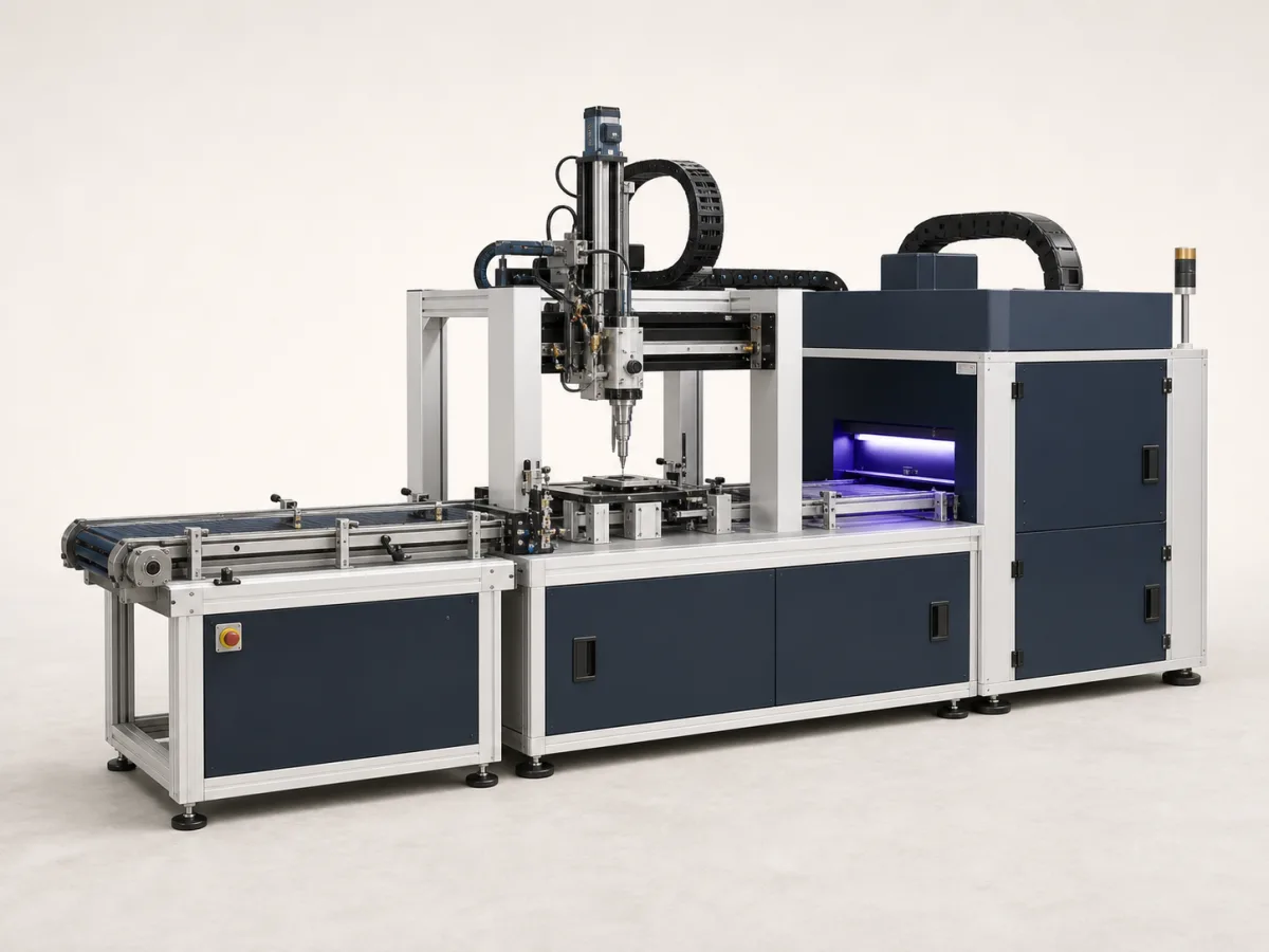 Integrated dispensing, inspection and curing workstation